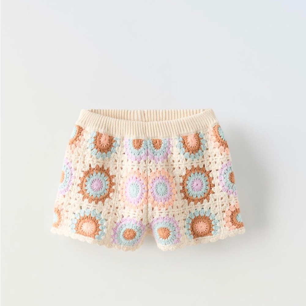 Zara Crochet Granny Square Shorts in Cream, Peach, Light Blue, Lavender
